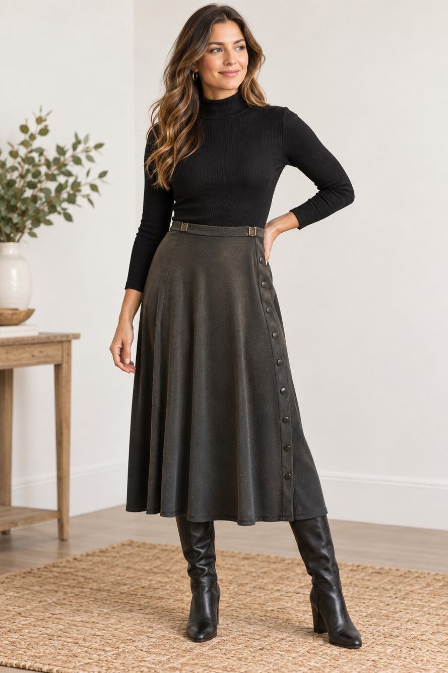 CJ Banks dark grey stretchy maxi skirt button closure 1X